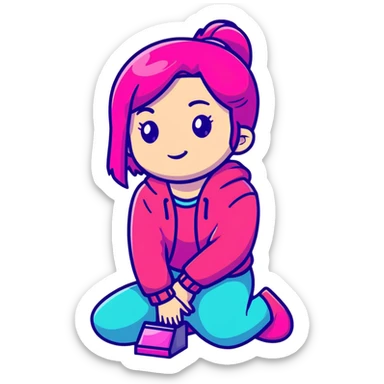 Girl kneeling in playful pose, transparent glass style, bright pink gradient, with shadows and highlights, minimalist design sticker