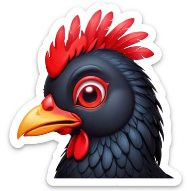 Cinematic Cute Black Chicken Portrait Emoji, Head tilted playfully and inquisitively, featuring sleek, lustrous black feathers and a vibrant red comb, round, sparkling beady eyes filled with curiosity, Simplified yet irresistibly adorable features, highly detailed, glowing with a warm, friendly glow, high shine, affectionate and lively, stylized with a touch of whimsical charm, bright and endearing, soft glowing outline, capturing the essence of a mischievous yet loving chicken, so playful it feels like it could peck out of the screen and into your arms! sticker