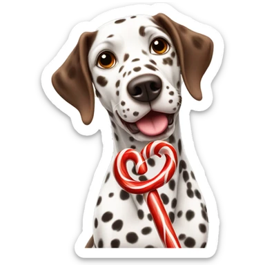 A brown Dalmatian holds a caramel Christmas candy cane in his mouth sticker