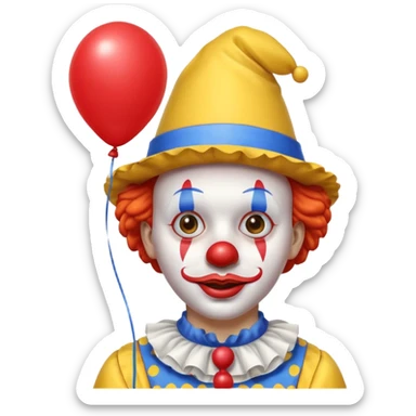 A clown who has a yellow hat, yellow clothes, blue neck ruffle, and a red balloon as his lips; sticker