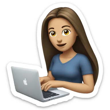 brunette caucasian woman with long hair typing on a macbook sticker