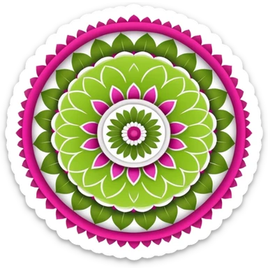 Clean crisp visual appealing seamless mandala pattern print, vivid and bright lime green, grey, white and fuchsia pink colors. Must be 4k hd, 3000x3000, DPI 3000 sticker