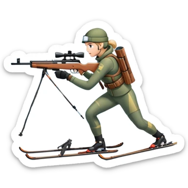 An icon showing a snowy landscape with pine trees, mountains, and a clear sky with a biathlete aiming a rifle in the foreground, wearing winter gear and skis. Transparent background emphasizes the precision, endurance, and beauty of this winter sport. sticker
