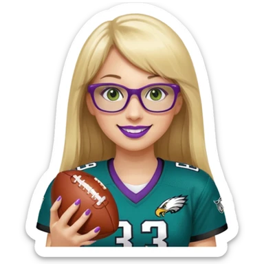 long blonde hair with straight bangs, black rectangle glasses, female, green eyes wearing eagles uniform jersey number 33 holding football smiling purple lipstick sticker