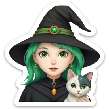 Witch with cat companion, green haired sticker