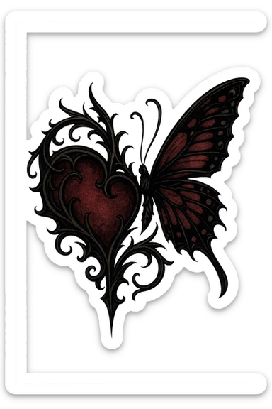 gothic style heart with a butterfly, black and deep red colors sticker