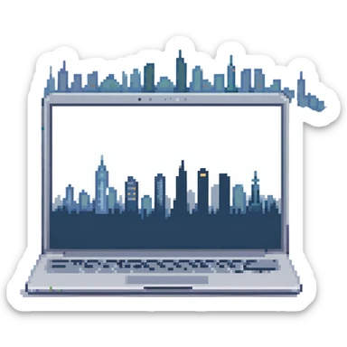 A laptop with a city skyline, detailed and artistic. sticker