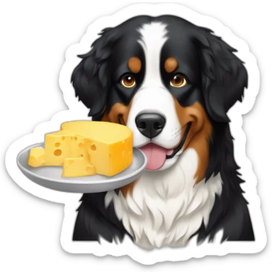 A Bernese mountain dog eating a cheese fondue sticker