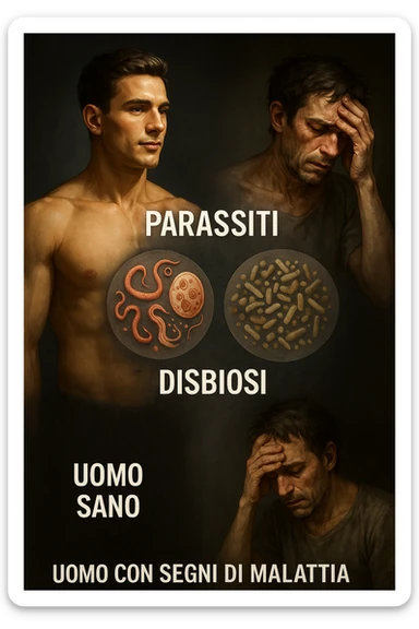 vertical realistic illustration: healthy man on the left, man with symptoms of illness on the right, central visual elements like parasites and dysbiosis connecting the two conditions. Clinical atmosphere, dramatic lighting, captions in Italian, 2:3 aspect ratio. sticker