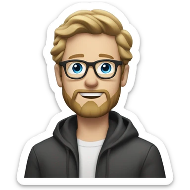 white guy with beard, dark blond hair brad pit style square glasses blue eyes in a light black jacket with white undershirt waving hello sticker