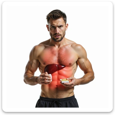 inexperienced athlete showing red swollen liver area, holding a box of pills, worried look, realistic details, isolated on white background sticker