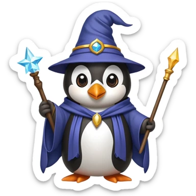 Penguin wearing wizard hat and robe holding a magic wand sticker