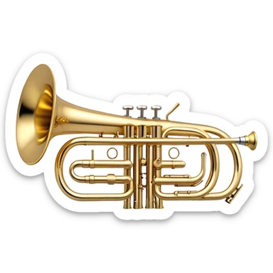 Create a sleek and professional emoji representing a Stomvi trumpet. The design should showcase the shiny, polished brass body of the trumpet with its distinct bell, valves, and tuning slides. Highlight the intricate keywork and the valve pistons, with detailed metallic accents and subtle reflections on the surface. The mouthpiece should be visible at the top of the instrument. Use golden and brass tones with light reflections to emphasize the smooth, high-quality finish. Add a few musical notes floating around the trumpet to evoke its bright and resonant sound. The background should be transparent. sticker