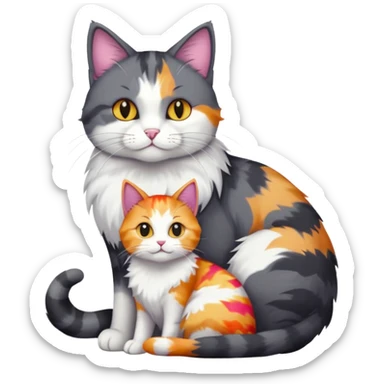 full body large dark grey and white cat cuddling a colourful light patched calico + white tabby cat  sticker