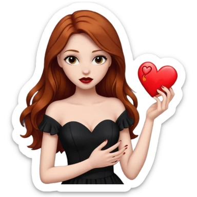  woman flirting long dark ginger hair dark make up holding a broken heart black dress sticker