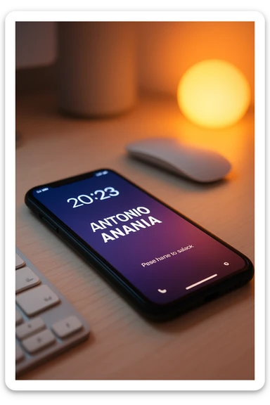A photo of an iPhone on the desk with the message "Antonio Anania" on its screen, The phone sits atop a desk with a blurred background that suggests work environment. A faint glow from above casts gentle shadows across the surface of each object, creating depth and highlighting their textures sticker