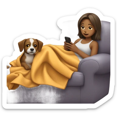 Girl laying on coach with blanket while looking at phone with dog on lap sticker