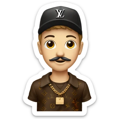 boy with mustache and buck, with louis vuitton cap sticker