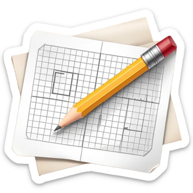A pencil is placed over a sheet of paper grid, representing the sketching phase of a logo sticker