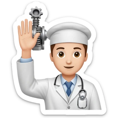 employee holding a car engine part in one arm, waving right hand, wearing a white lab coat sticker