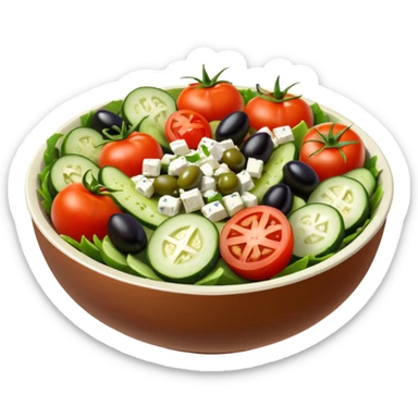 mediterranean salad bowl object icon, tomatoes, cucumbers, olives, feta cheese, olive oil dressing, 3D cartoon, mobile game icon style, clean background, no text, no watermark
 sticker
