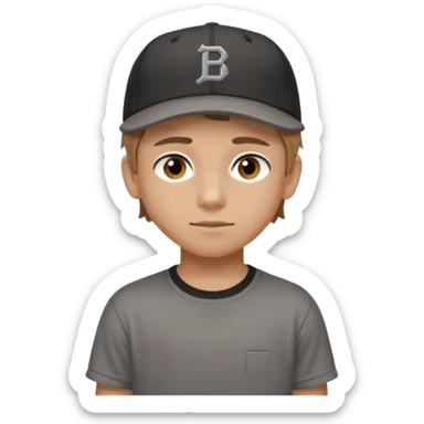 Create a teen boy wearing a faded black T-shirt. He will have light brown hair that is buzzed, tan skin, and dark brown eyes. He is wearing a gray baseball hat turned backwards. sticker