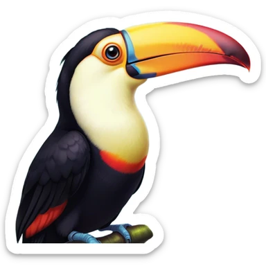 Cinematic Comical Toucan Portrait Emoji, Head tilted dramatically with an exaggeratedly shocked expression, featuring a boldly colored beak and wide, comically expressive eyes full of humorous disbelief, Simplified yet hilariously expressive features, highly detailed, glowing with a slightly sassy tropical glow, high shine, dramatic yet playful, stylized with an air of quirky exotic attitude, soft glowing outline, capturing the essence of a meme-worthy toucan that looks ready to side-eye its way into viral fame! sticker