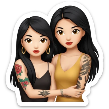  2 glamorous asian girl bff with left arm tattoos, false lashes, and long black hair sticker