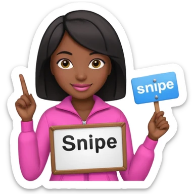 Dark skin woman with black bob in hair holding sign that says snipe  wearing pink outfit  sticker