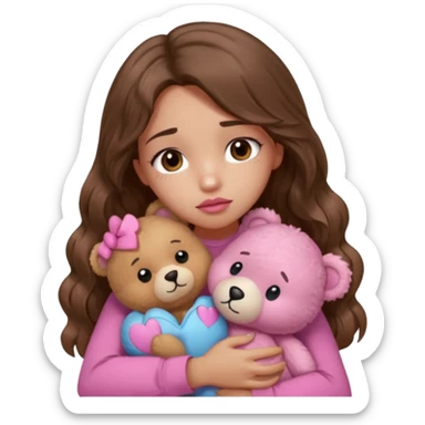 girl with long wavy brown hair, brown eyes, light to medium complexion, in a pink shirt, pink lips, long lashes, sad, hugging squeezing a teddy bear with bandaid hearts sticker