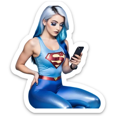 big tears-looking up-exting on phone-very very very large upper body-sexy face-bending forward at waist-very long very straight dark blue to light blue ombre hair-and-blue eyes-thick black eyeliner-thick long eyelashes-iridescent blue lowcut tanktop with black leggings with glitter superman logo sticker