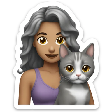 Una chica con su gata gris en brazos sticker