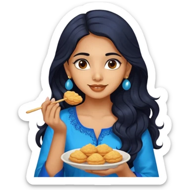 a pretty indian bratz girl with wavy long black hair. eyeliner on, wearing a blue kurti, eating golgappa sticker