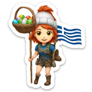 Greek Female winter mountaineer red hair white skin climbing with Greek Flag and Easter eggs basket sticker
