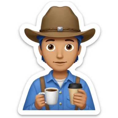 Ranch hand with blue hat and coffee mug sticker