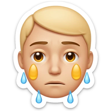 Apple-style emoji illustration of a person, overheated face with sweat drops, expression annoyed, half-closed exhausted eyes, soft 3D emoji style, smooth gradients, rounded shapes, simple expression, centered composition. sticker
