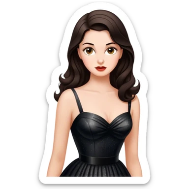 Beautiful woman in 1950’s woman fashion look, black shimmery dress, long dark brown hair, Carbonara sticker