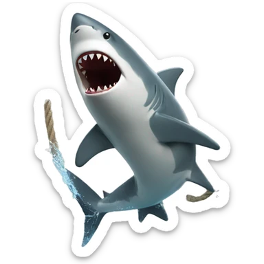 man holding a sharkwith a rope around its mouth and jumping out of water with it sticker