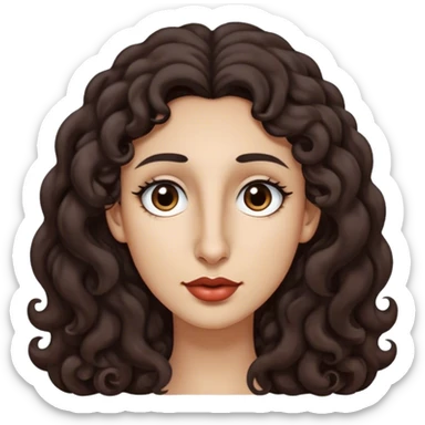 Long dark brown curly hair, long nose, long chin, long face, small dark brown eyes, dark far eyebrows, light medium skin tone, small lips sticker