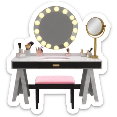 Vanity table with led light mirror and pink crushed velvet vanity seat sticker