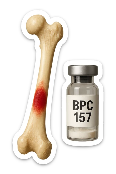 osso umano con red spot fluttua insiema a fiala medica con la scritta "BPC 157" SULL'ETICHETTA, iperrealistiche 4k sticker