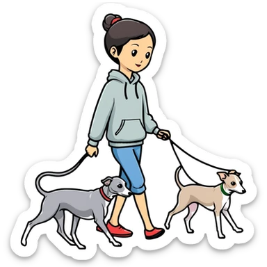 Asian girl walking an all grey Italian greyhound with no white nose, completely grey dog sticker