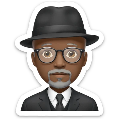 Bald mature Black male with Grey goatee and light glasses in a nice black suit and dress hat
 sticker
