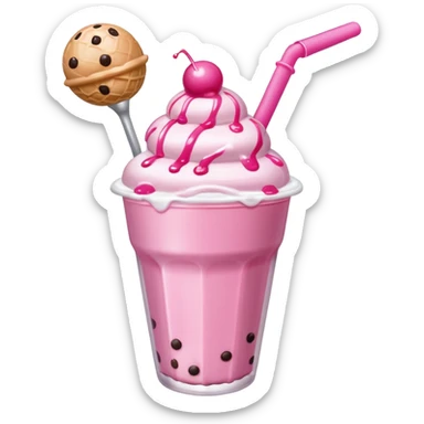 Boba with pink straw, pink syrup, popping balls and ice cream scoop sticker