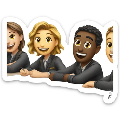 3 European students sitting at desk. They are laughing at lesson sticker