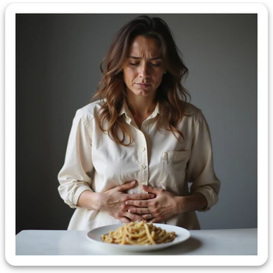 30-year-old woman sitting at a table, holding her belly with a painful expression after eating a plate of pasta or bread. Visible discomfort on her face, slight abdominal bloating, light sweat, and flushed face. Realistic lighting, neutral kitchen background. Clearly visible discomfort. 6 variants. sticker