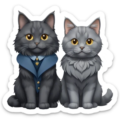 Portrait of a black smoke Maine Coon cat with long grey ear tufts and a thick grey collar, alongside a British Shorthair cat with a solid blue coat. Both cats with detailed fur textures and playful expressions. Soft, elegant background with warm, natural tones. Transparent background. sticker