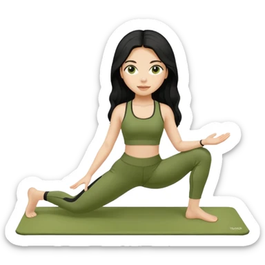 pilates girl in green olive set whit black long hair  sticker