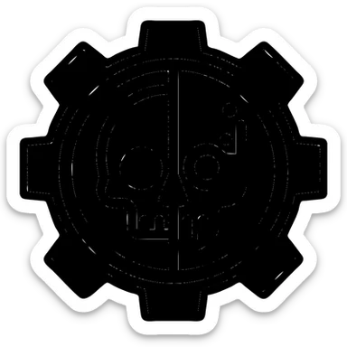 Add red and black color to the Warhammer 40k Adeptus Mechanicus symbol: half human, half robotic skull inside a gear, sharp lines, logo style, preserve transparent background. sticker