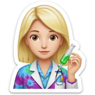 Female pharmacist with tie dye lab coat sticker